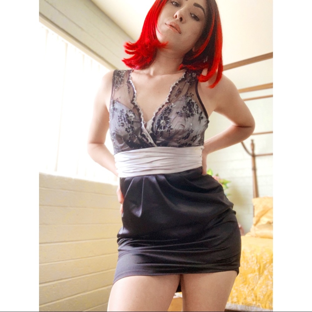 Black silk dress with lace and silver tie belt